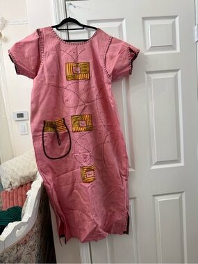 Pink Embroidered Maxi Dress with Contrast Patch Accents